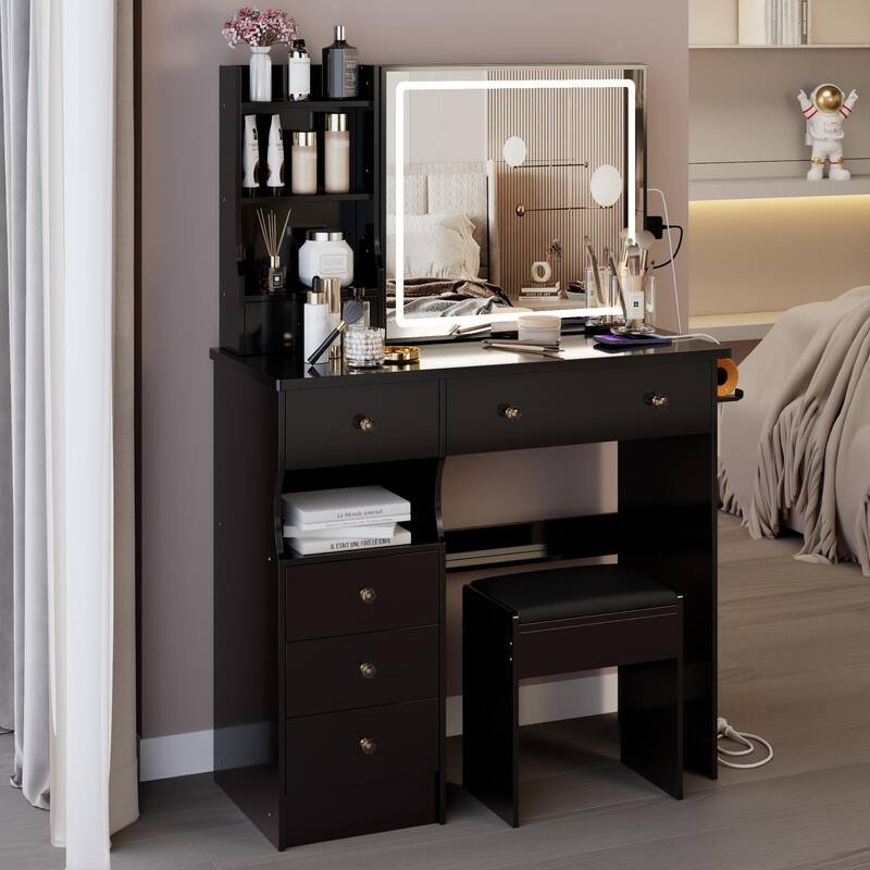 37" Middle Size Left Drawer Desktop Vanity Table + Cushioned Stool Dresser Set, Large Touch Control LED Sliding Mirror