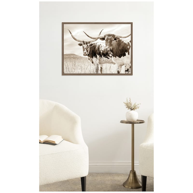 Kate and Laurel Sepia Texas Longhorn Cattle in Pasture by The Creative Bunch Studio Framed Canvas Wall Art Print