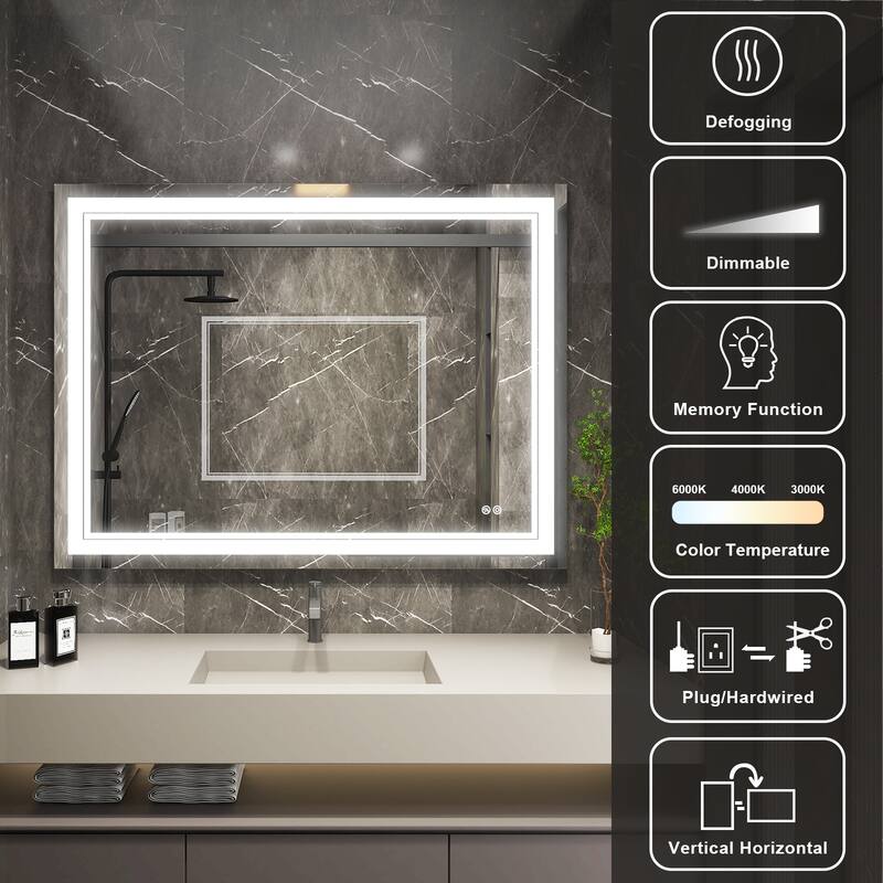 Retangular Wall Mounted LED Bathroom Mirror With Touch Switch Memory Mirror Anti-Fog (Horizontal/Vertical)