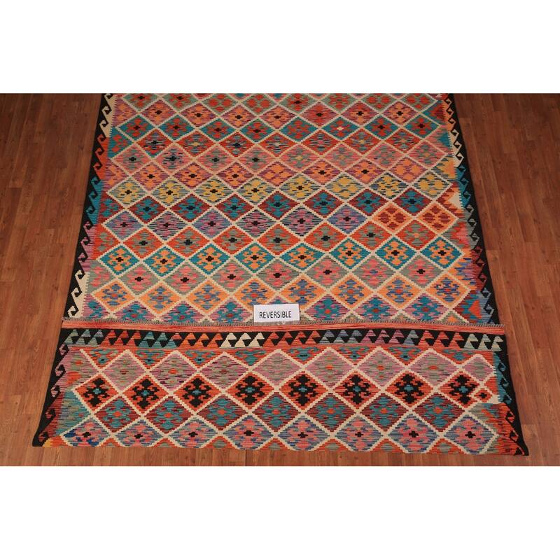 Flat Weave Trellis Kilim Oriental Area Rug Flatweave Wool Carpet - 7'10" x 11'5"
