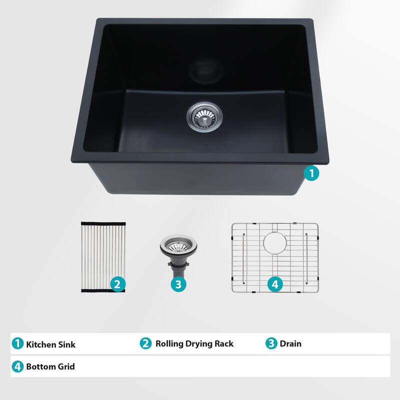 24" Undermount Single Bowl Quartz Kitchen Sink in Black - 24'' x 18'' x 12''