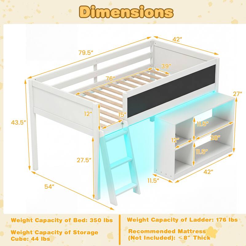 Gymax Kids Loft Bed w/LED Lights Chalkboard & Removable Bookcase
