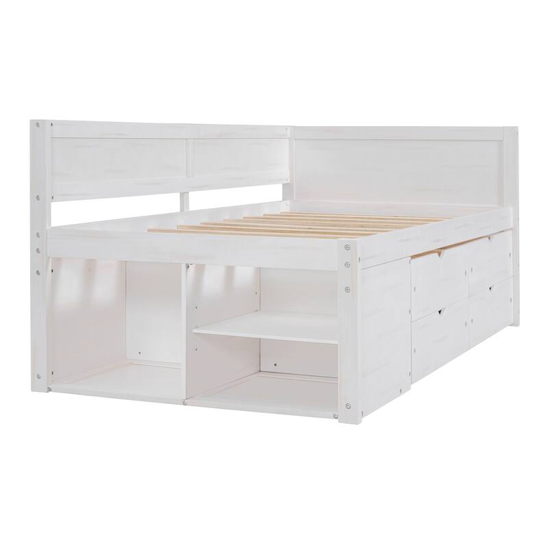 Storage Bunk Bed with Trundle, Full/Twin Size Bed Frame with 3 Drawers and Shelves