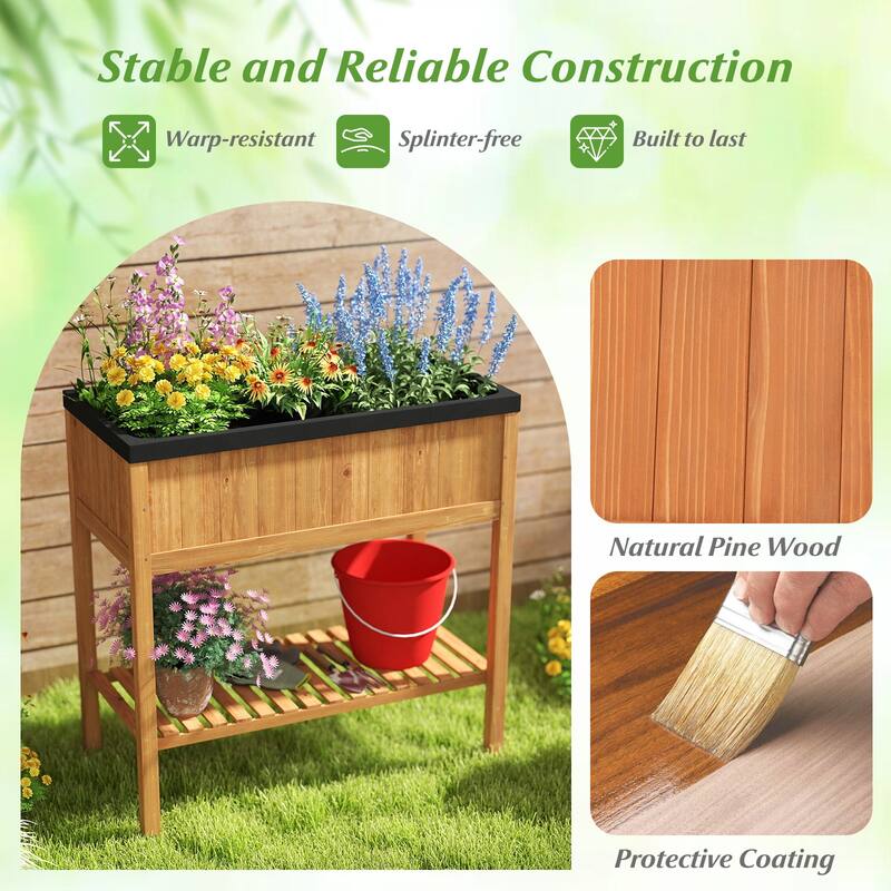 Gymax Wooden Raised Garden Bed w/ Legs Liner Storage Shelf Large