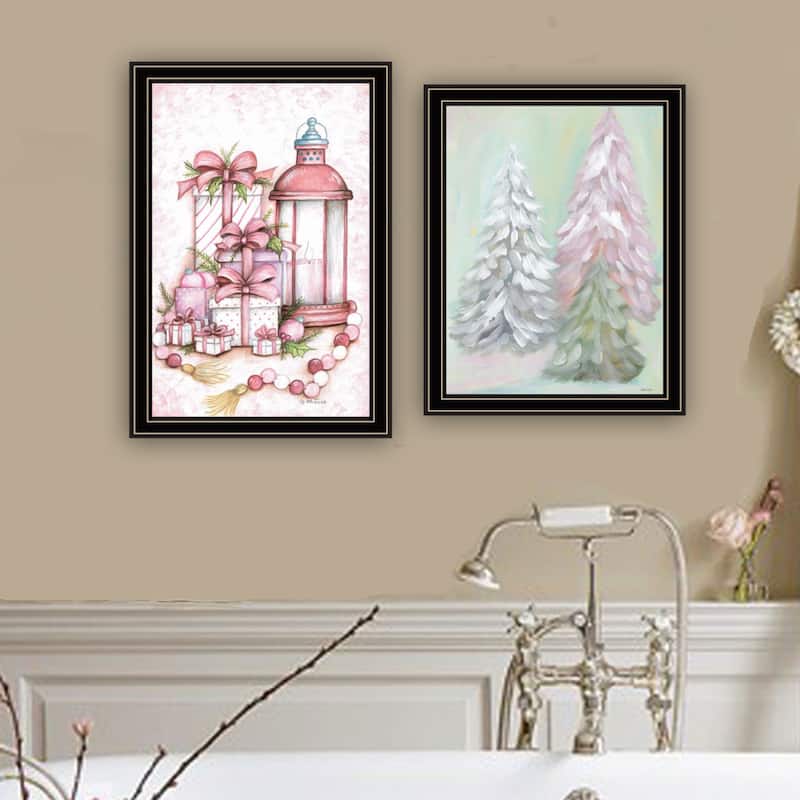 2-Piece Framed Wall Art Set - Pink Candy Land Christmas Trees, Black Frame