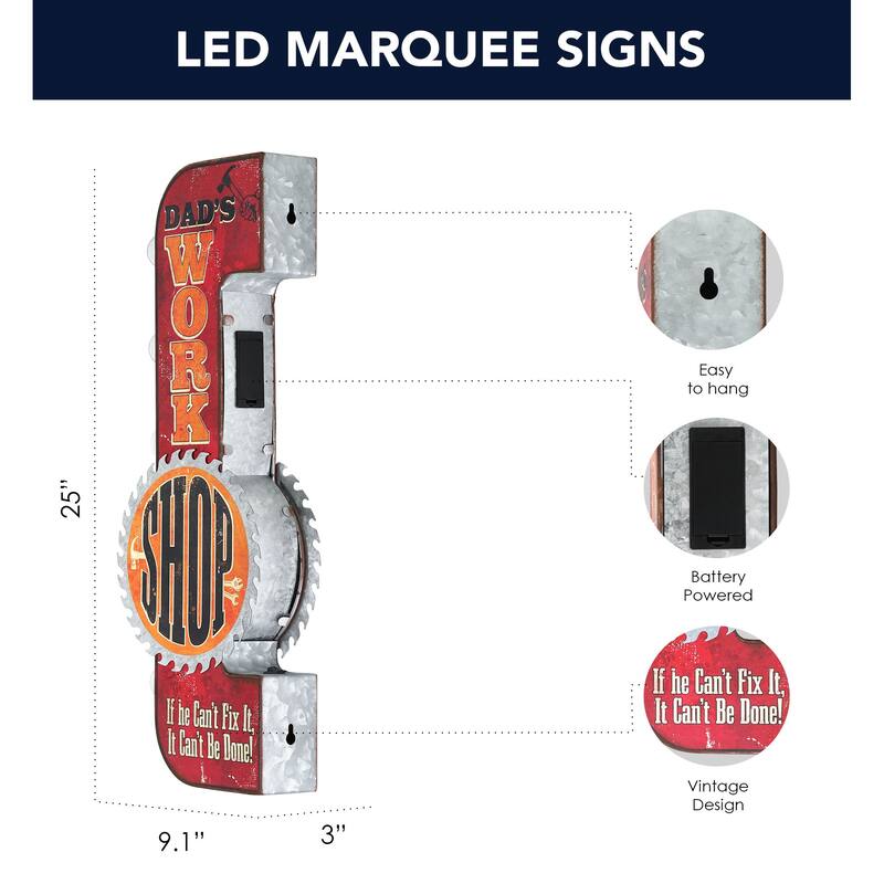 Metal LED Dad's Workshop Marquee Wall Sign - 25" x 7.5" x 3"