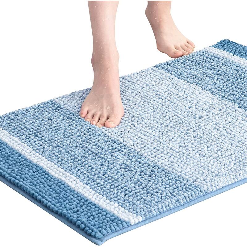 Subrtex Rugs Chenille Gradient Stripe Pattern Soft Plush Bath Rug Shower Water Absorbent Mat - 16"*24" - Stone Blue