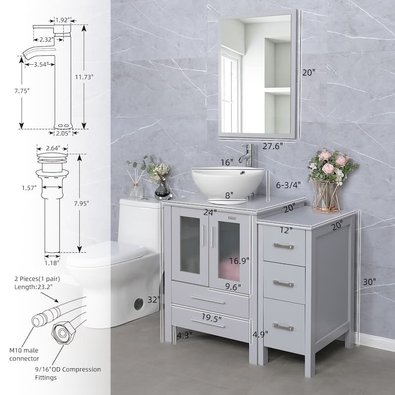 36" Bathroom Vanity Sink Gray Set with Side Cabinet Vessel Sink Mirror Faucet Combo