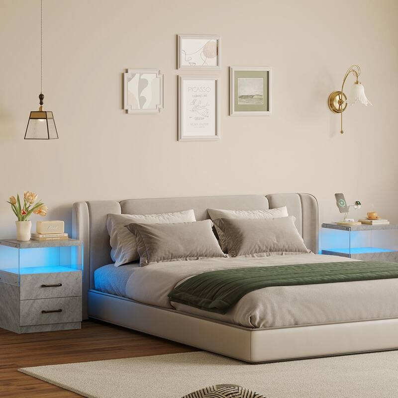 LED Nightstand with Adjustable Colors, 2 Drawers & Power Outlets