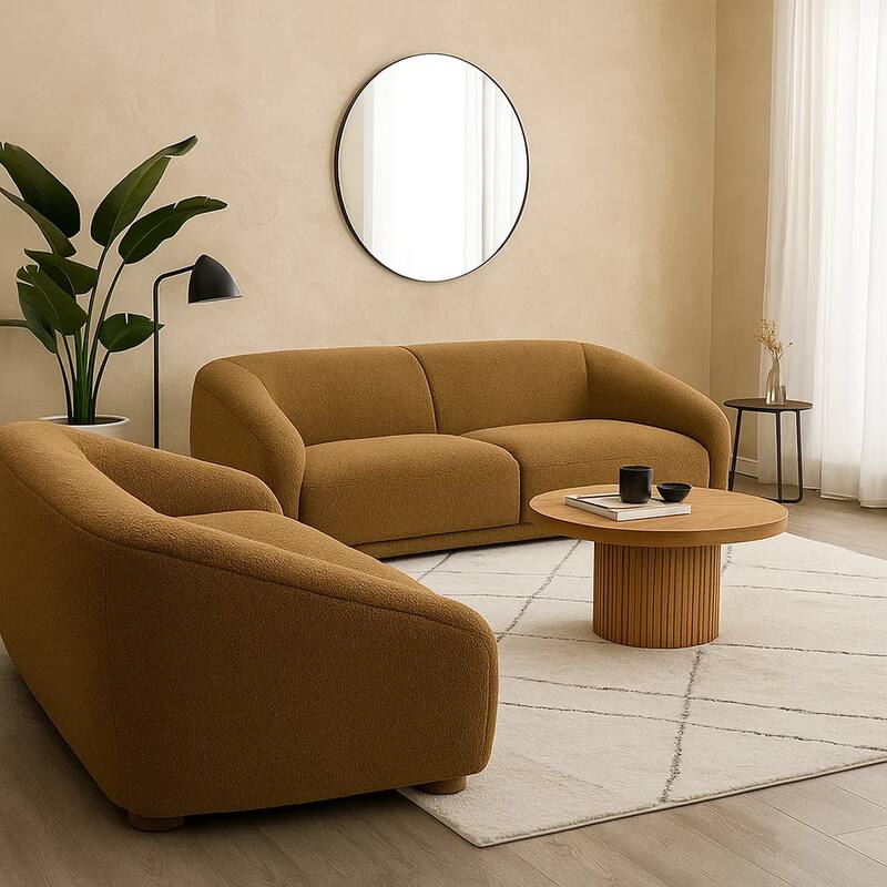 Oliver 2pc Sofa and Loveseat Set, Round Sloped Arms, Soft Brown Boucle