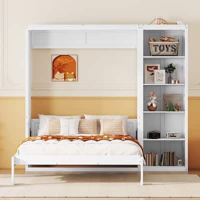 Full Size Murphy Bed Wall Bed with Storage Shelves, Space-Saving Foldable Platform Bed Frame with Slatted Base for Small Rooms