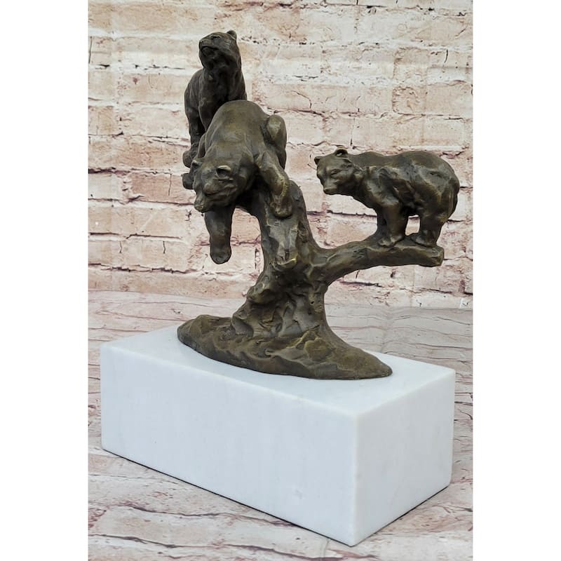 Green Patina Bear Family On A Tree Stump Bronze Sculpture Statue Figurine