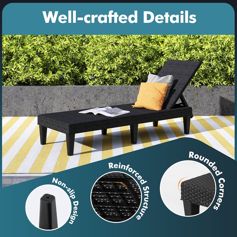 PP Chaise Lounge Adjustable, All-Weather, Rattan Style for Outdoors - 59"x 22.5" x 34.5" (L x W x H)