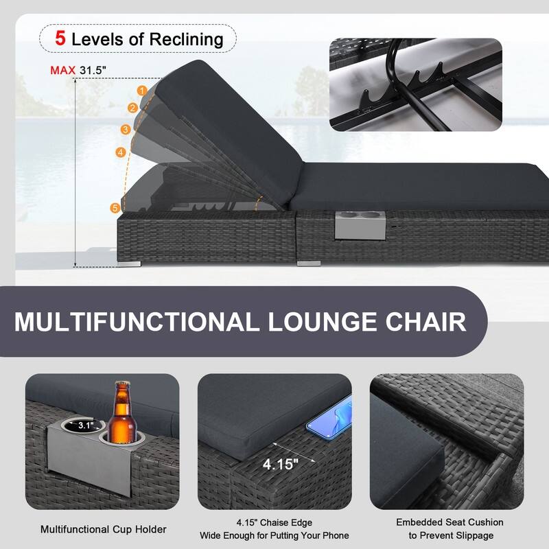 FINCATI Outdoor Oversized Chaise Lounge Chair, 500 lbs Luxury Patio Adjustable 5-Position Wicker Lounger for Pool (Set of 2)