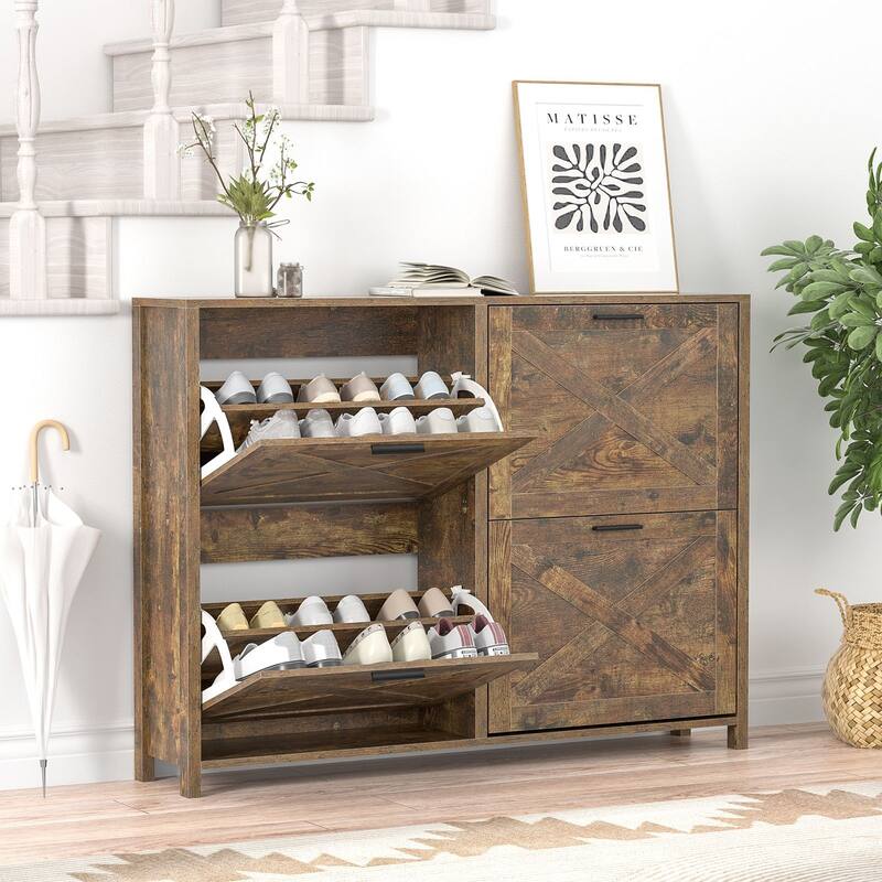 Farmhouse Shoe Cabinet with 4 Flip Drawers - Entryway Shoe Storage