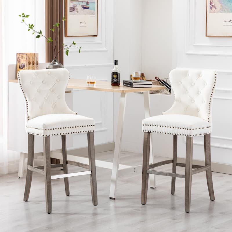 Carter 29" Wingback Tufted Nailhead Bar Stool (Set of 2), Antique Grey Legs - Cream