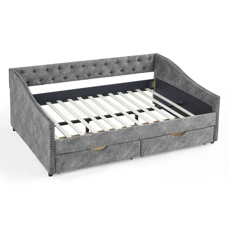 Full Upholstered Daybed with Storage Drawers,Button Tufted and Nailhead Trim,Solid Wood Frame