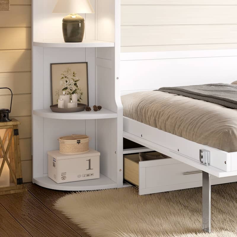 Murphy Platform Bed with Side Cabinets & Drawers, Wall Bed with Shelf for Home Office, Queen or Full