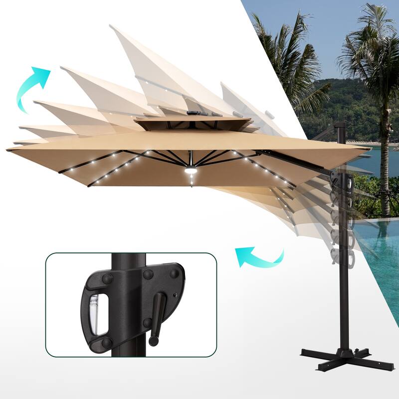 VredHom 9 x 11ft Outdoor Rectangular Dual Top Cantilever Patio Umbrella LED Light