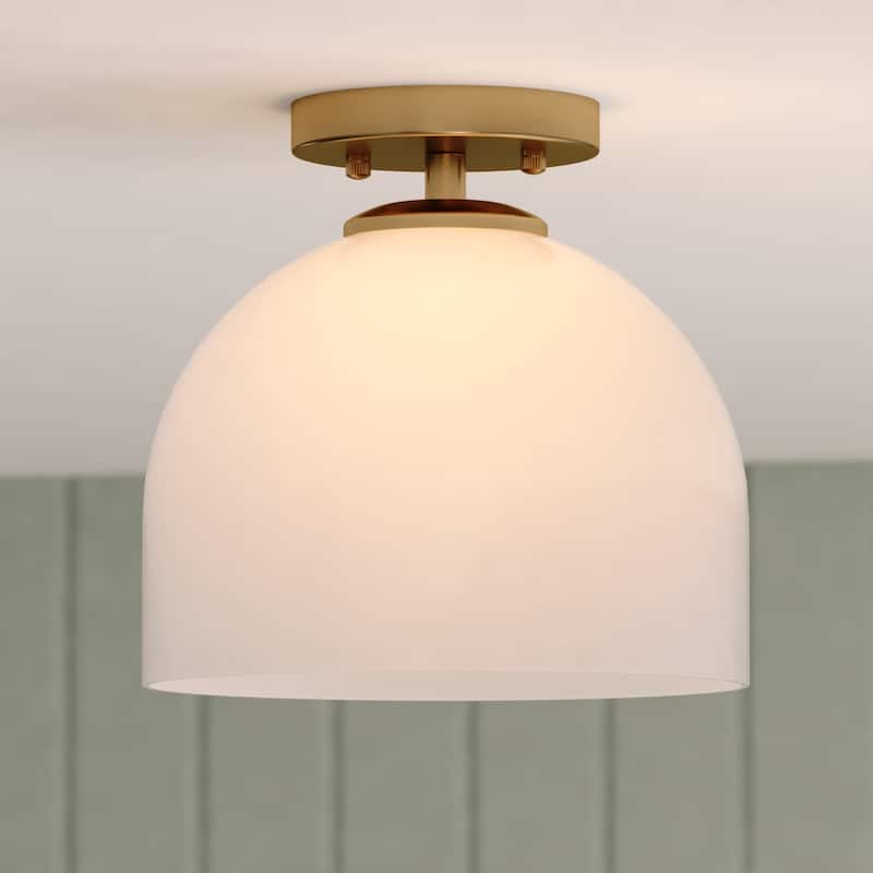 Shelby 9.25-in W Gold Brass Transitional Semi Flush Mount Ceiling Light White Glass - 9.25-in W x 9-in H x 9.25-in D - Natural Brass - 9.25-in W x 9-in H x 9.25-in D
