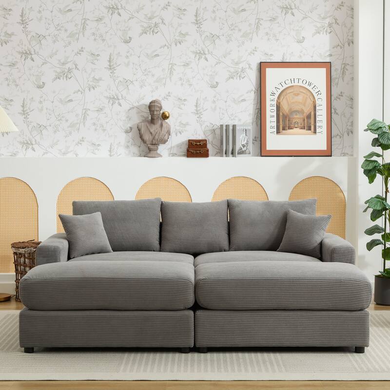 2 Pieces Corduroy Sectional Couch Covers with 2 Pillows, Grey