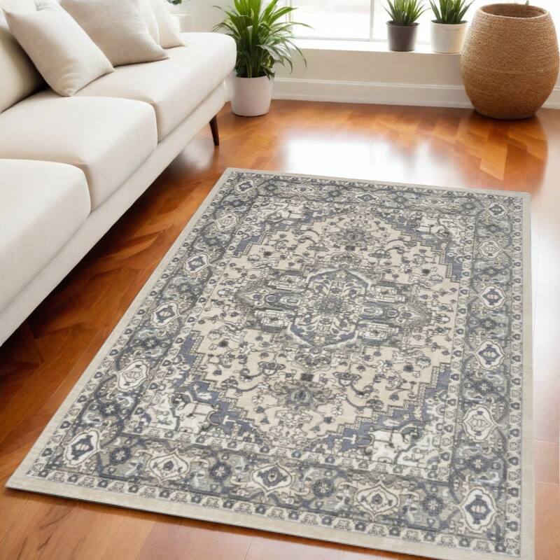 Power Loomed Distressed Traditional Area Rug - 87' X '63' X '0.32 - Oxford Blue - Rectangle