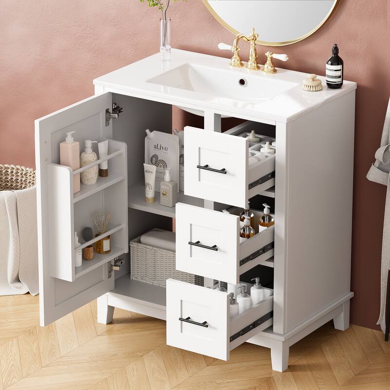 30" Modern Bathroom Vanity with Ceramic Sink - Rubberwood Frame, MDF Panels, 1 Door & 3 Drawers, Double Storage Racks - White