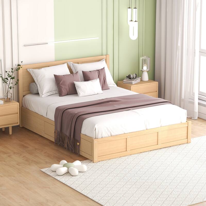 Queen Size Wood Platform Bed with Underneath Storage and 2 Drawers