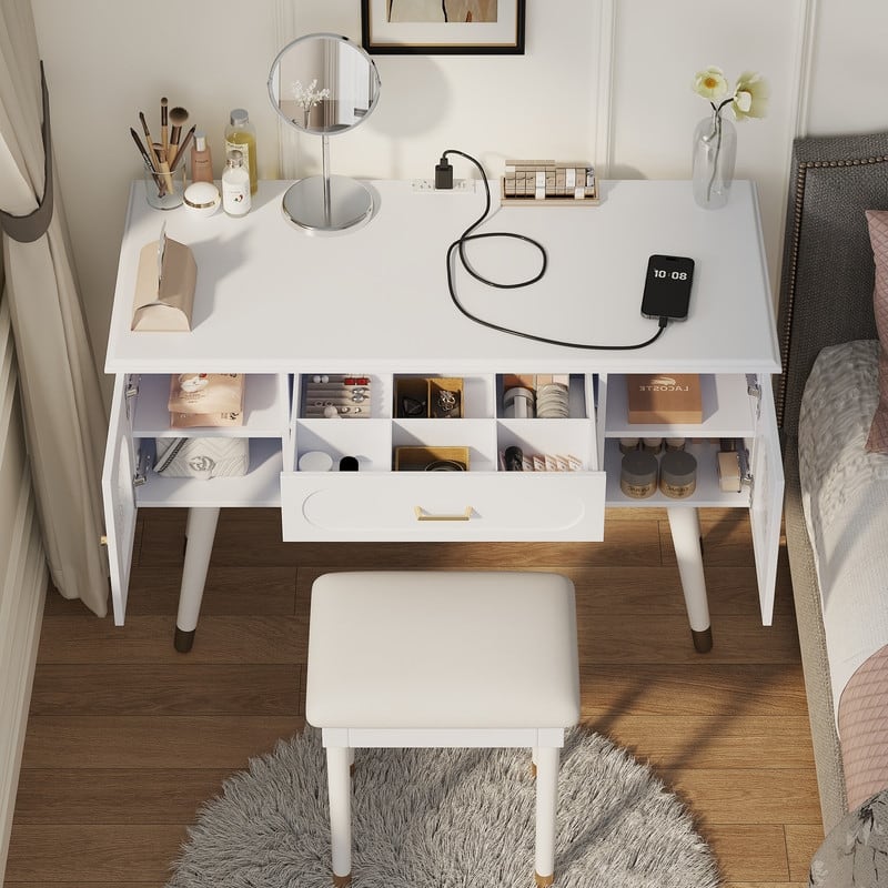 Vanity Dresser with Mirror and Stool Set Storage Drawers Luxury Furniture - White