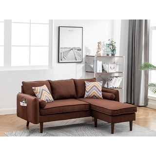 Mia Brown Linen Fabric Sectional Sofa Chaise with USB Charger & Pillows
