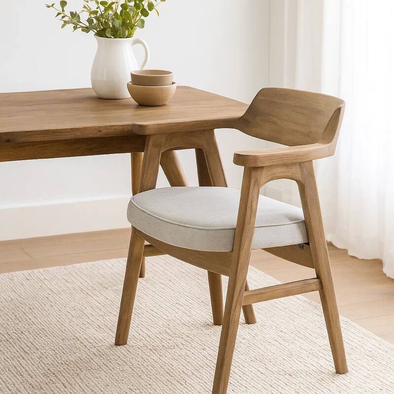 Zsy Dining Armchair, Anew Gray, Natural Brown Birch Wood, Curved Back