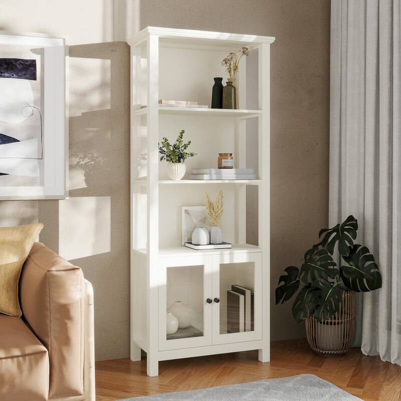 3 Tier Farmhouse Style Storage Cabinet Bookshelf with Glass Doors - White
