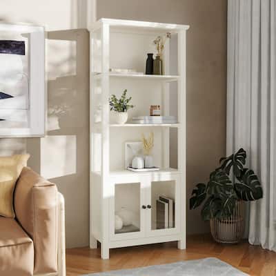 3 Tier Farmhouse Style Storage Cabinet Bookshelf with Glass Doors