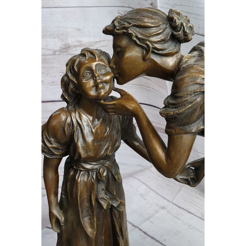 Mother Kissing Child Daughter Bronze Sculpture Statue Family Decor Signed Original Art
