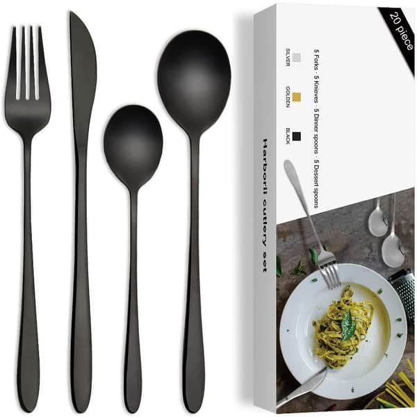 5 Piece Stainless Steel Modern Flatware Eating Utensils Set, Includes  Forks/Spoons/Dinner Knives, Mirror Polished, Dishwasher Safe 