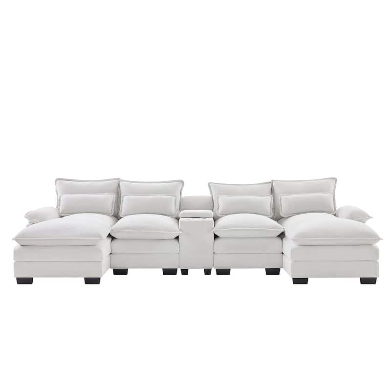 123"W modern u-shaped living room upholstered sofa with console, cup holders and USB ports