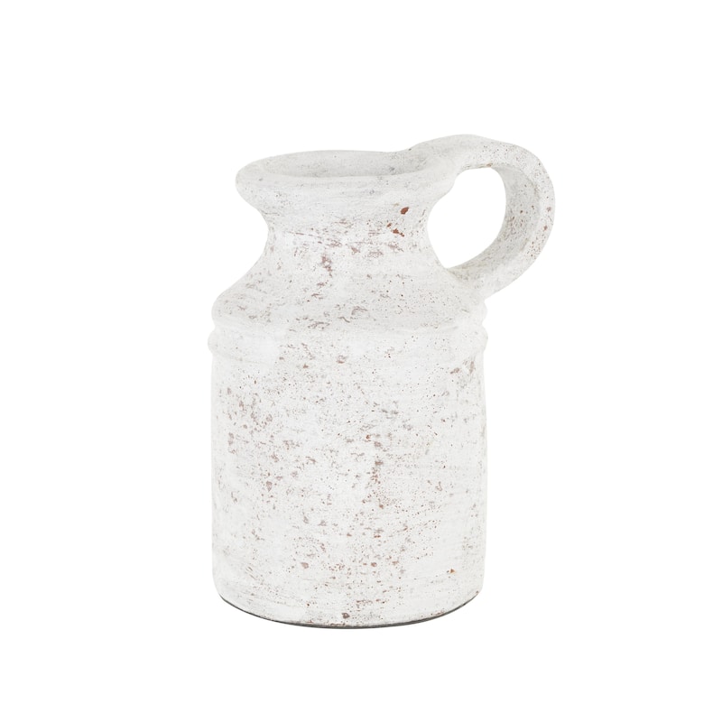 Ceramic Antique Style Textured Decorative Vase with Terracotta Accents and Ring Handle - White - Roche River Decor