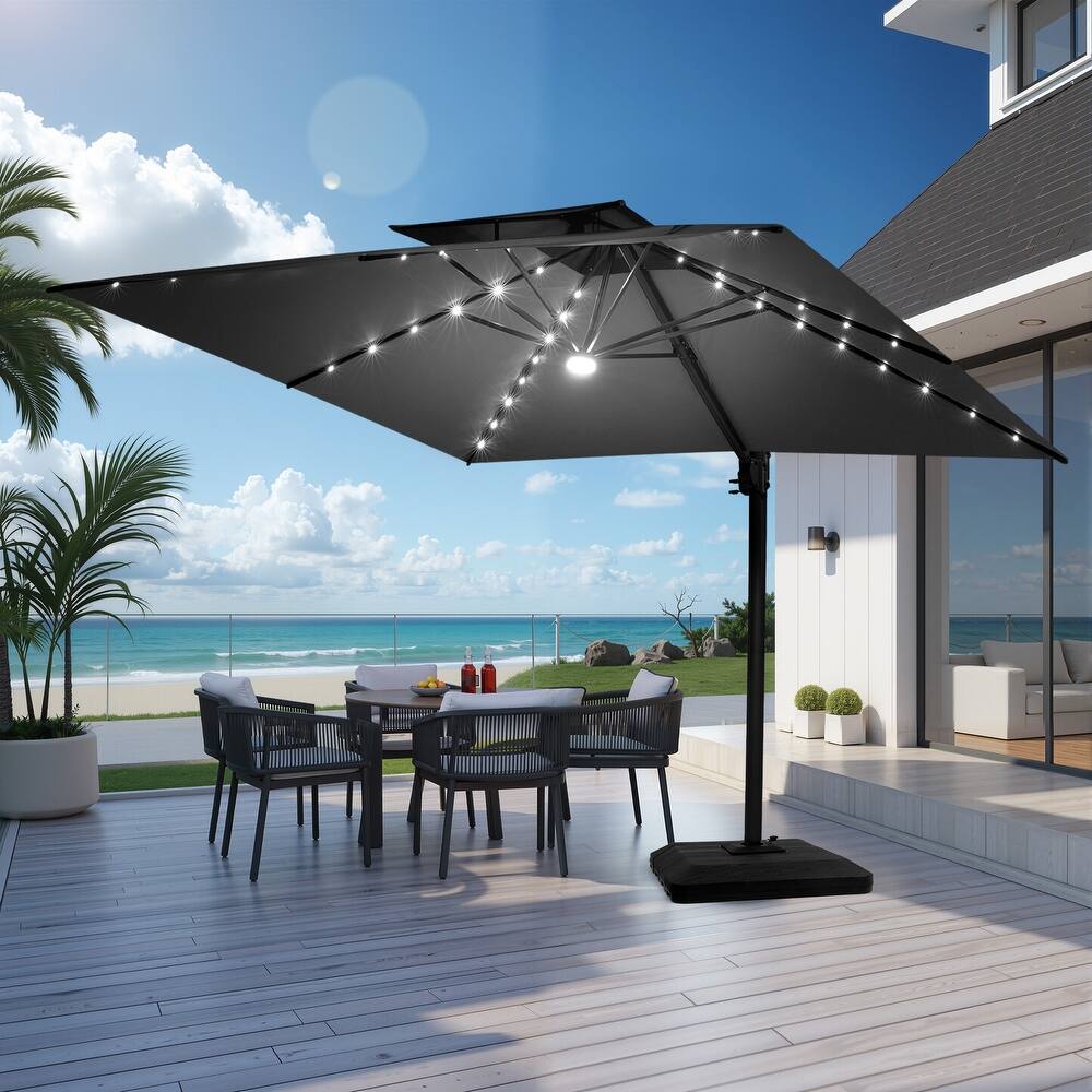 VredHom 9 x 11ft Outdoor Aluminum Dual Top Cantilever Patio Umbrella LED Light with Weights Base