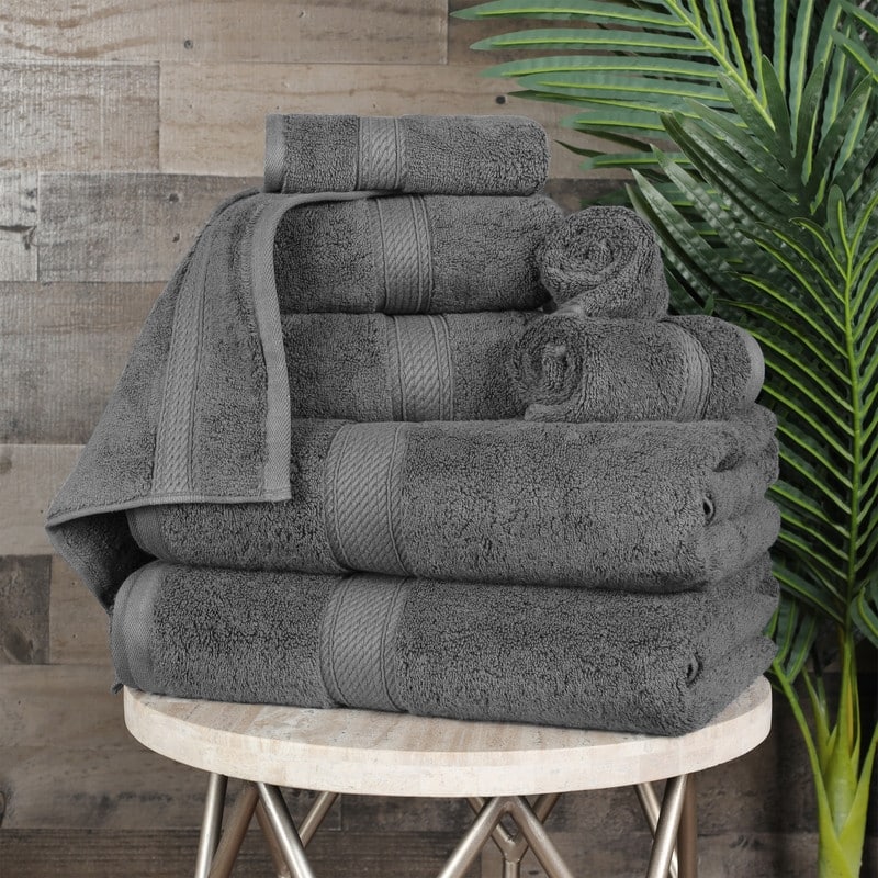 Superior Egyptian Cotton 8 Piece Towel Set Ultra Plush & Absorbent Bath, Hand & Face Towels, Heavyweight Spa Quality - Charcoal