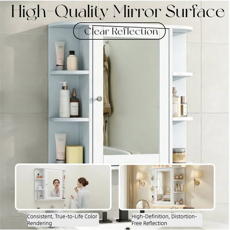 Bathroom Wall Storage Cabinet with Mirror, with Adjustable Wood Shelf & Doors, Mounted Storage Cabinets with 6 Open Shelves
