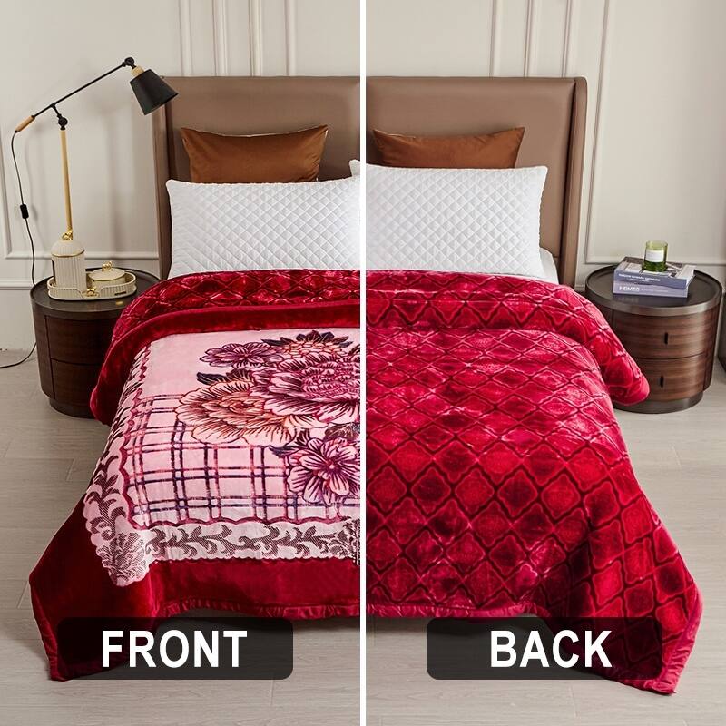 Luxury Heavy Thick Plush Blanket 2 Ply A&B Disign For Winter - King-85"x95" - Red Flower