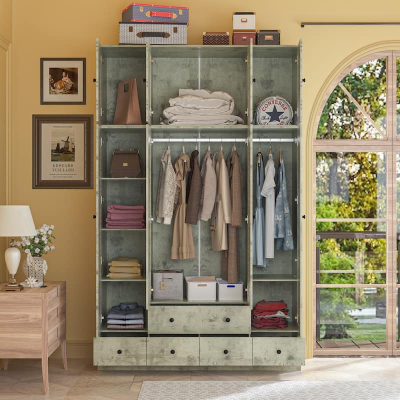 Modern 4-Door Wood Bedroom Armoire in White Closet Cabinet Wardrobe