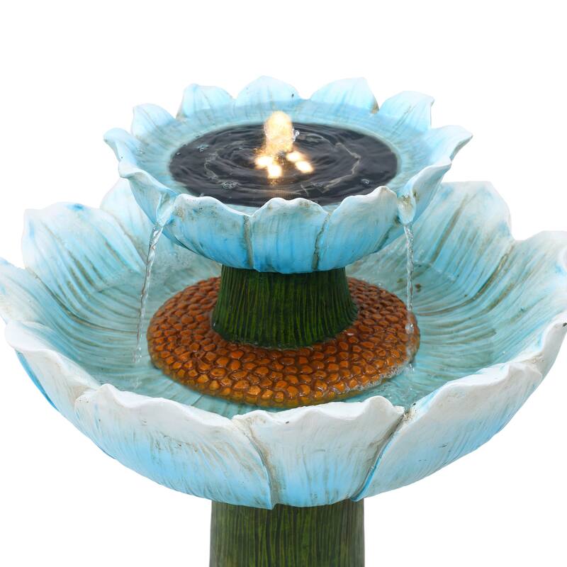 Solar Powered Blue Flower 2-Tier Resin Birdbath Fountain with Lights