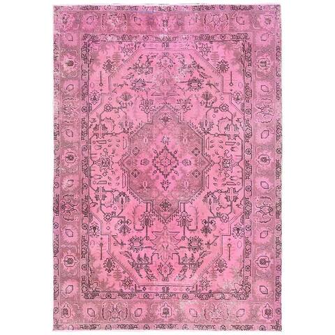 Shahbanu Rugs Sheared Low Hand Knotted Hot Pink Vintage Overdyed Persian Tabriz Distressed Worn Wool Oriental Rug (6'8" x 9'4")