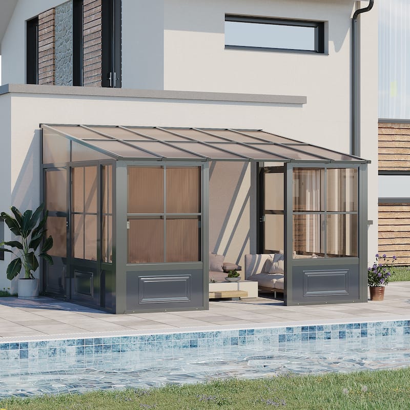Erommy Outdoor Solarium Sunroom, Patio Hardtop Gazebo, Aluminum Frame Permanent Gazebo with Sliding Doors and Screens - 10' x 12' - Grey