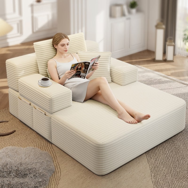 Corduroy Frameless Chaise Lounge Sleeper with Pillows and Storage Pocket