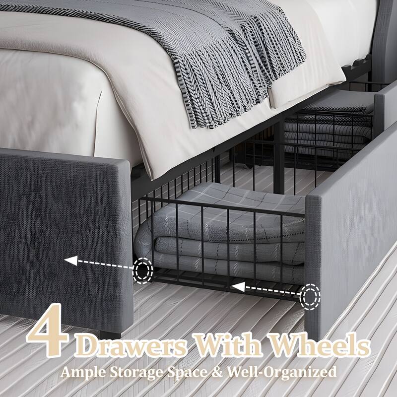 Queen Size Bed Frame with Storage Drawers, Wingback Headboard, Button Tufted Design, Dark Grey