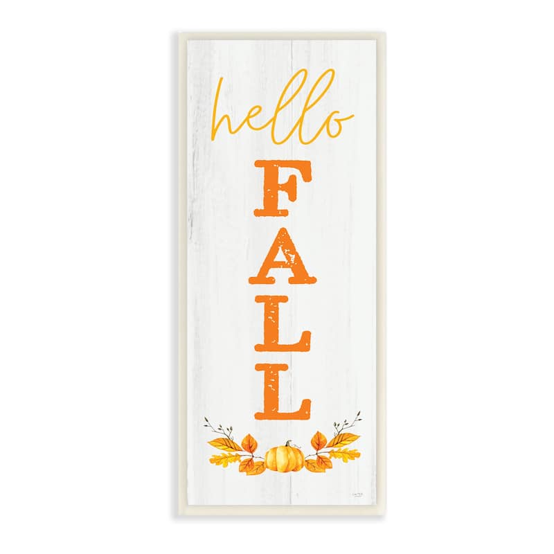 Stupell Hello Fall Phrase Cascading Text Orange Leaves Pumpkin Wood ...