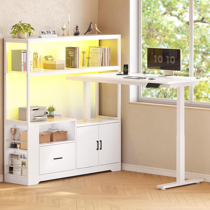 L Shaped Stand or Sit Computer Desk Adjustable Height Electric Desk Drawer Bookshelf