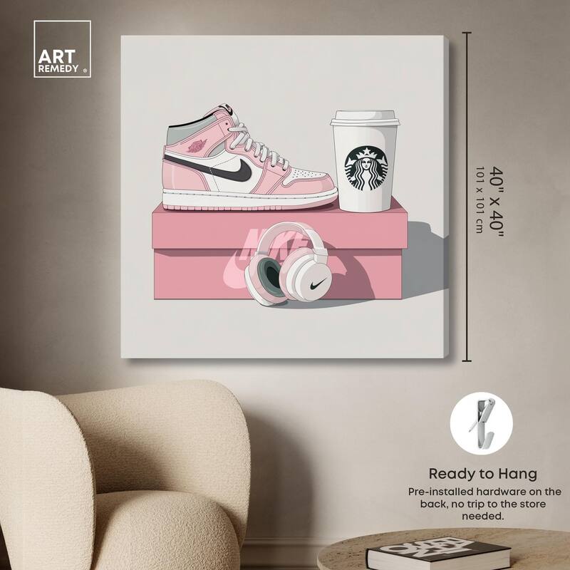 Pink Sneaker and Headphones Canvas by Art Remedy, Gallery Wrapped